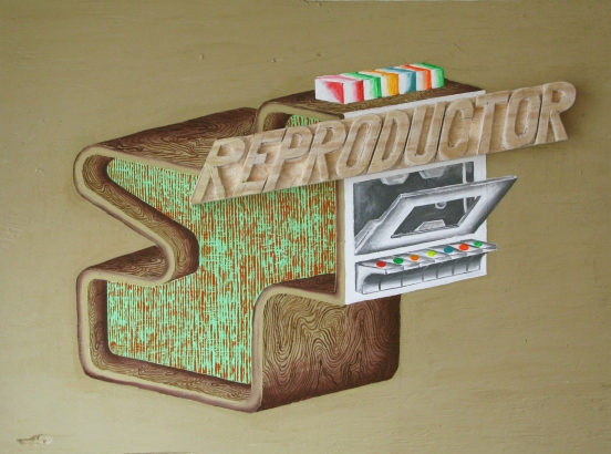Cisco Jiménez, Reproductor, 2016, acrílico sobre madera y madera tallada, 54.5 x 72 cm