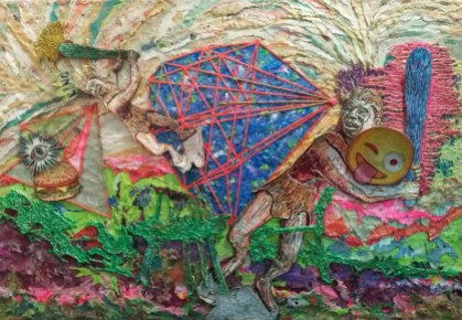 Pablo Cotama, El tiempo no dura igual en todas partes, recuerdo recurrente y circular, 2016, pintura plástica y tramas plastificadas sobre tela, 100 x 145 cm