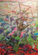 Pablo Cotama, Una erupción, un gigante ..., 2016, pintura plástica y tramas plastificadas sobre tela, 100 x 145
