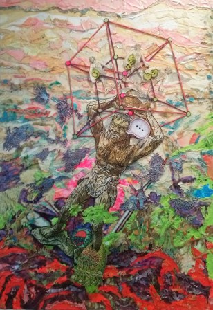 Pablo Cotama, Una erupción, un gigante ..., 2016, pintura plástica y tramas plastificadas sobre tela, 100 x 145
